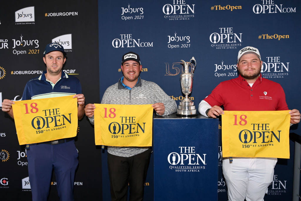 Ashley Chesters, Thriston Lawrence and Zander Lombard celebrate qualifying for The 150th Open